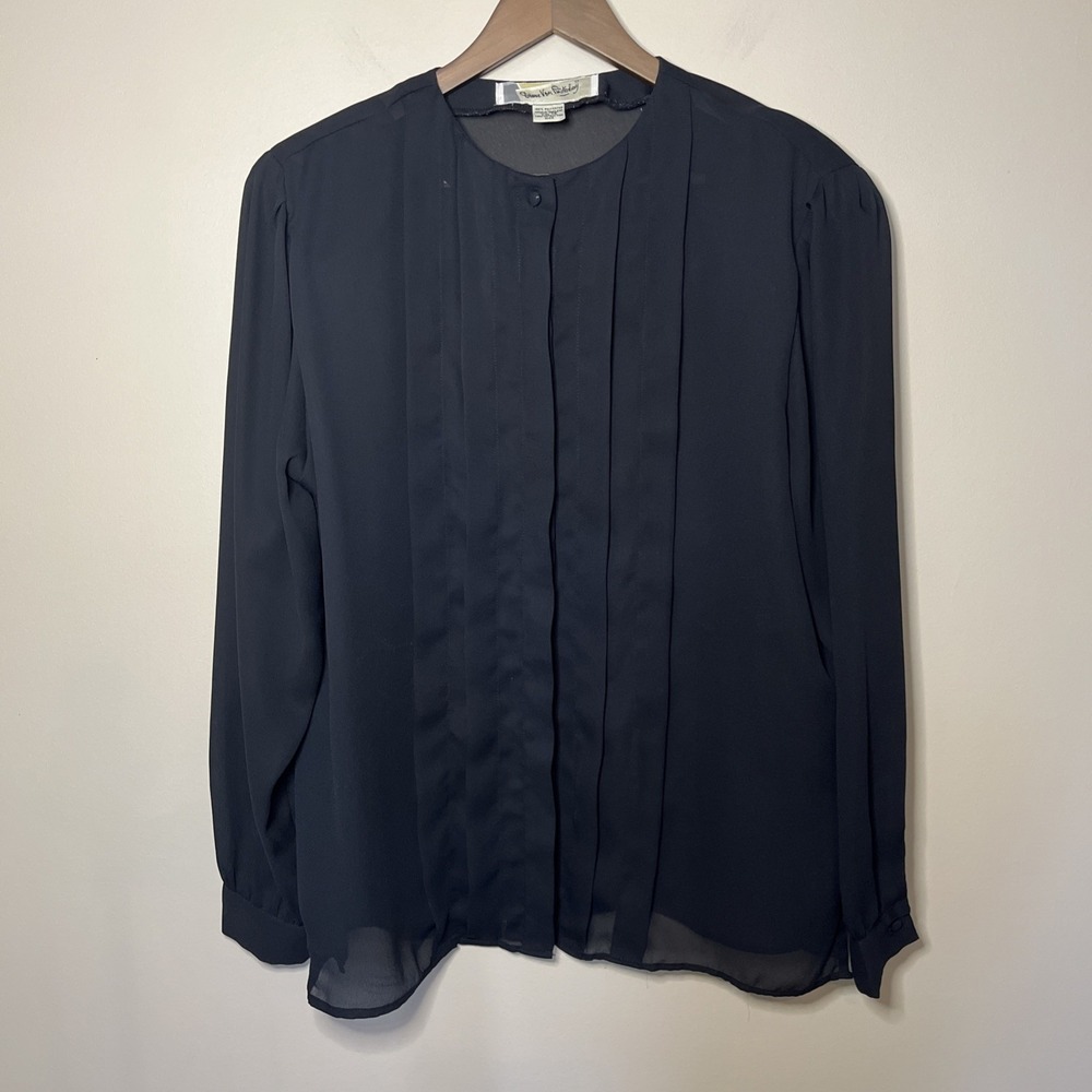 VTG Diane Von Furstenberg‎ Black Sheer Blouse Long Sleeve Pleated Button Down